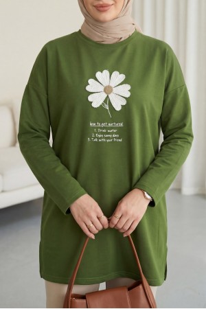 Önü Çiçek Nakışlı Bisiklet Yaka Penye Tunik -Yeşil