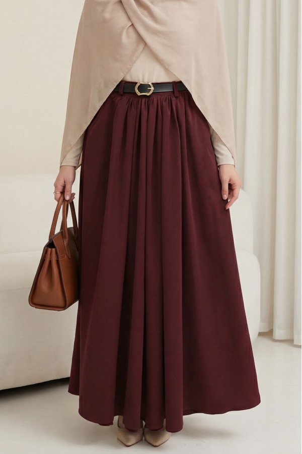 Twill Skirt with Buckle Belt, Pleated Side Pockets and Zipper -Maroon