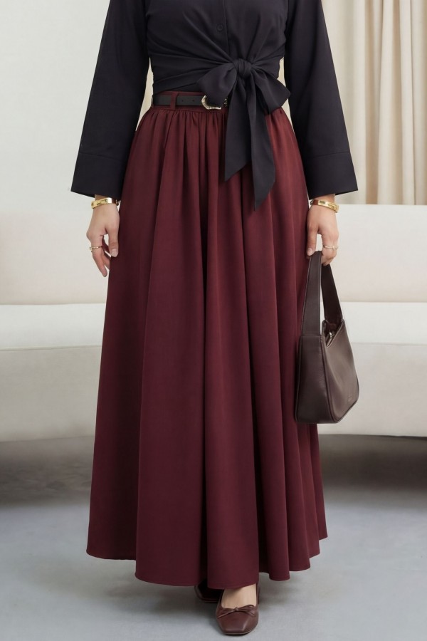 Twill Skirt with Buckle Belt, Pleated Side Pockets and Zipper -Maroon