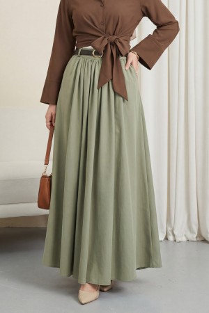 Tokalı Kemerli Piliseli Yan Cepli Fermuarlı Tivil Etek -Haki