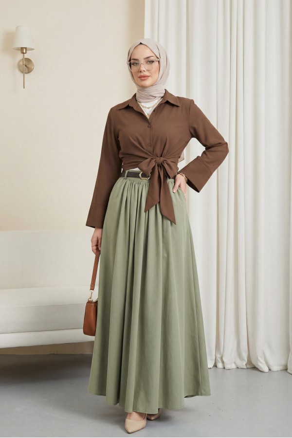 Twill Skirt with Buckle Belt, Pleated Side Pockets and Zipper -Khaki