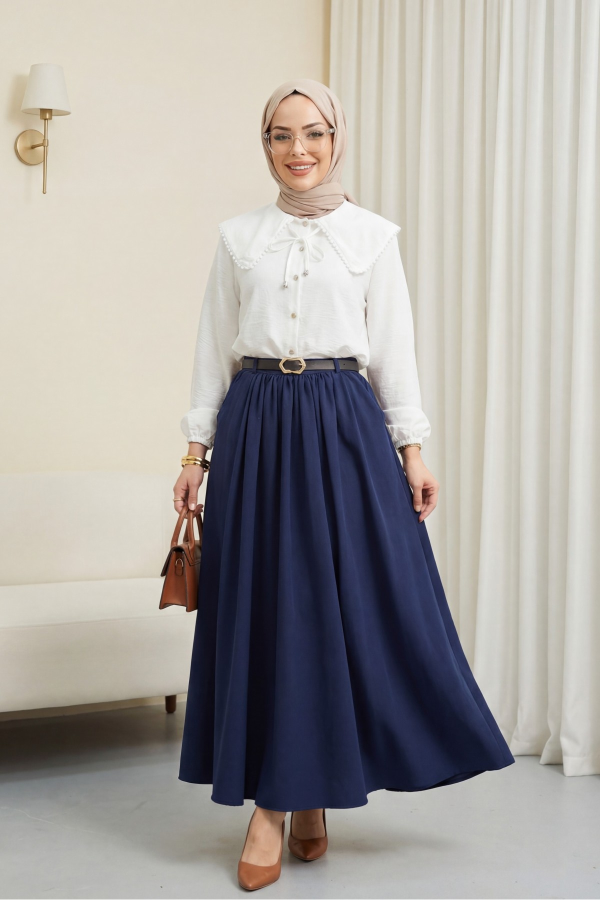 Twill Skirt with Buckle Belt, Pleated Side Pockets and Zipper -Navy blue