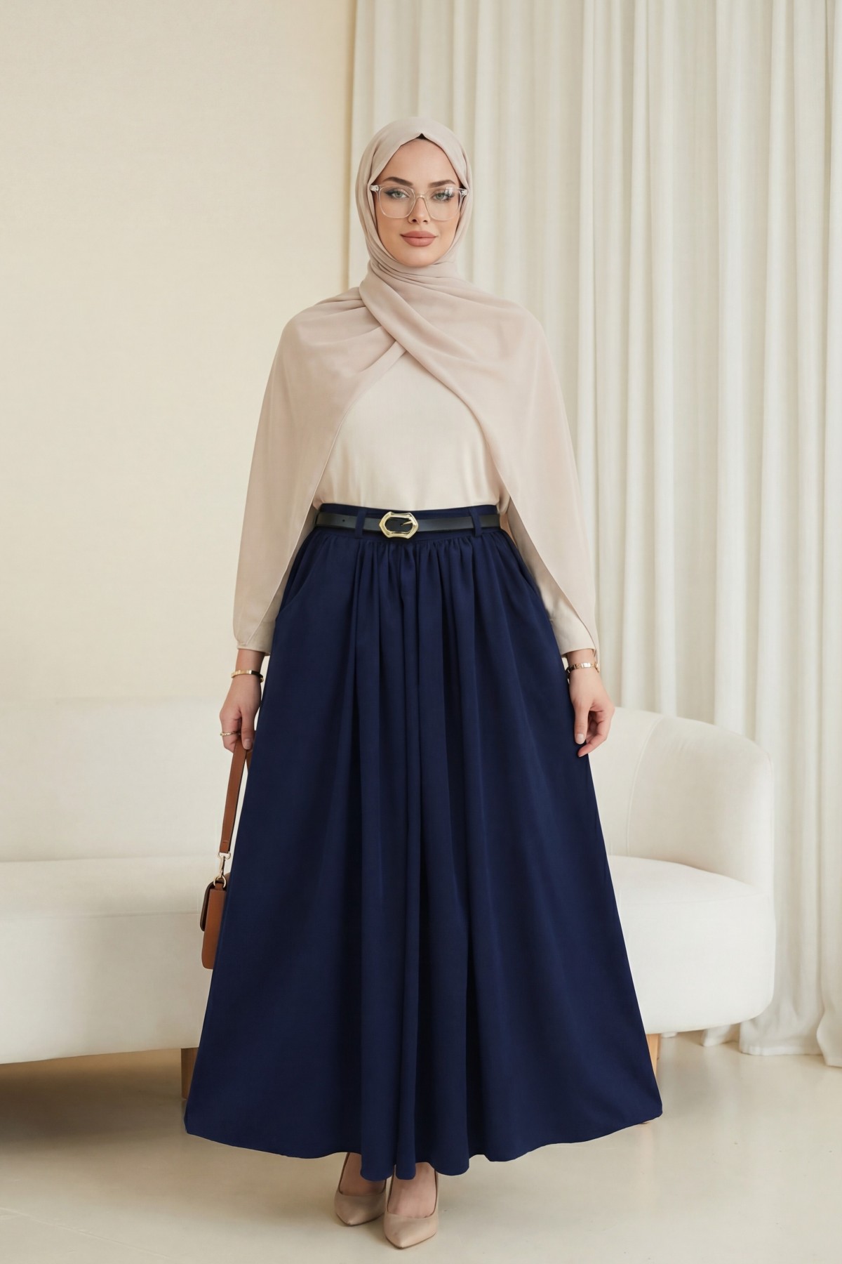 Twill Skirt with Buckle Belt, Pleated Side Pockets and Zipper -Navy blue