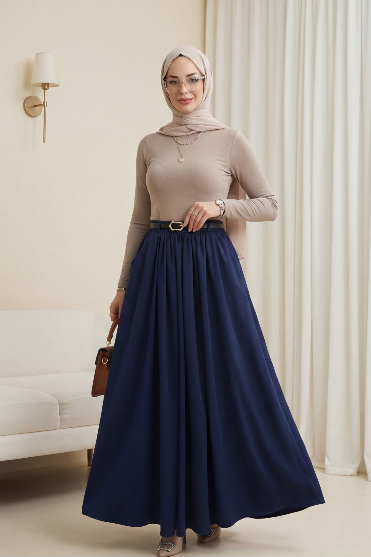 Twill Skirt with Buckle Belt, Pleated Side Pockets and Zipper -Navy blue