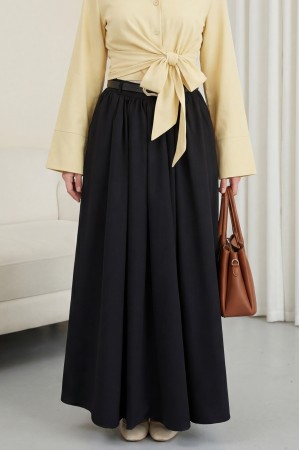 Tokalı Kemerli Piliseli Yan Cepli Fermuarlı Tivil Etek -Siyah