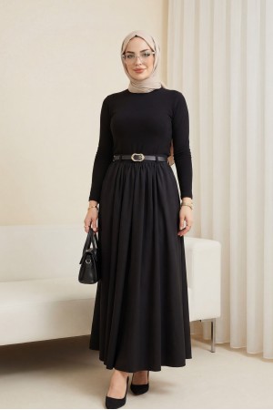 Tokalı Kemerli Piliseli Yan Cepli Fermuarlı Tivil Etek -Siyah