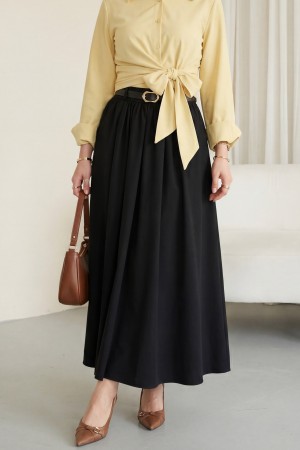 Tokalı Kemerli Piliseli Yan Cepli Fermuarlı Tivil Etek -Siyah