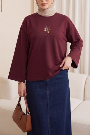 Round Neck Loose Fit Jersey Blouse with Floral Embroidery on the Front   -Maroon