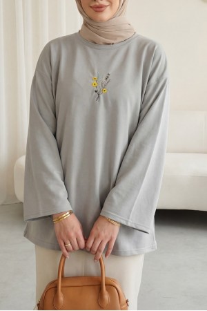 Round Neck Loose Fit Jersey Blouse with Floral Embroidery on the Front    -Grey