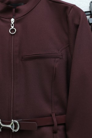 Önü Fermuarlı Cep Detaylı Beli Kemerli Etekli Diagonal Takım -Bordo