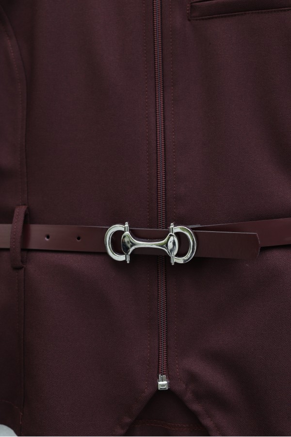 Diagonal Skirt Set with Front Zipper, Pocket Detail, and Belted Waist -Maroon