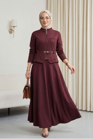 Önü Fermuarlı Cep Detaylı Beli Kemerli Etekli Diagonal Takım -Bordo