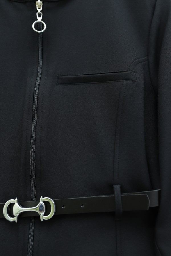 Diagonal Skirt Set with Front Zipper, Pocket Detail, and Belted Waist -Black