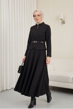 Önü Fermuarlı Cep Detaylı Beli Kemerli Etekli Diagonal Takım -Siyah