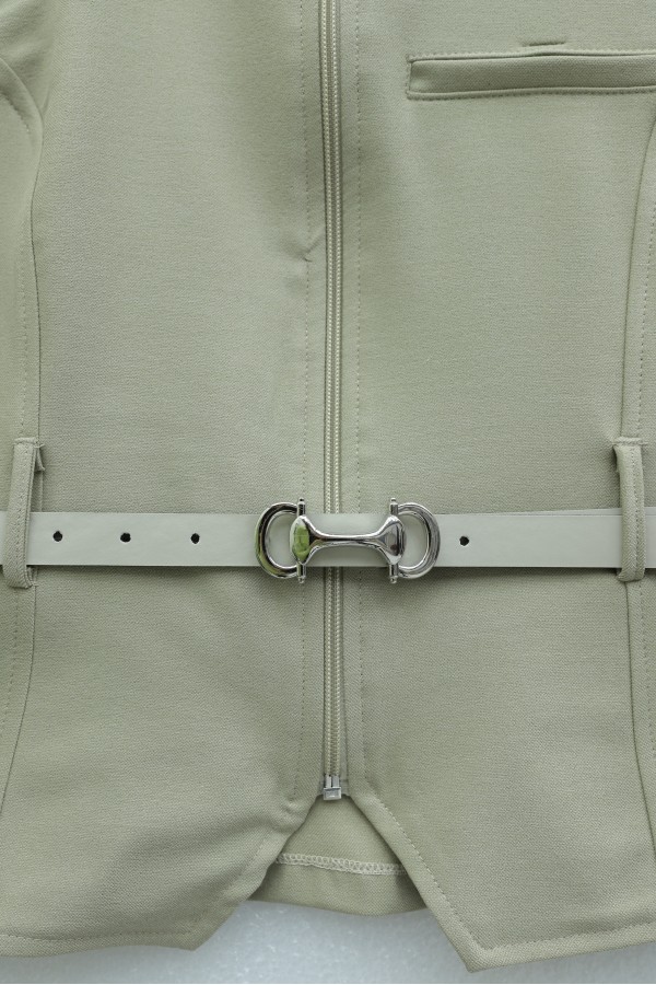 Diagonal Skirt Set with Front Zipper, Pocket Detail, and Belted Waist -Stone