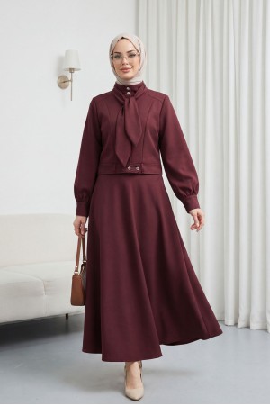 Gizli Düğmeli Fular Detaylı Etekli Diagonal Takım   -Bordo