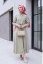 Diagonal Skirt Set with Hidden Button and Scarf Detail -Stone