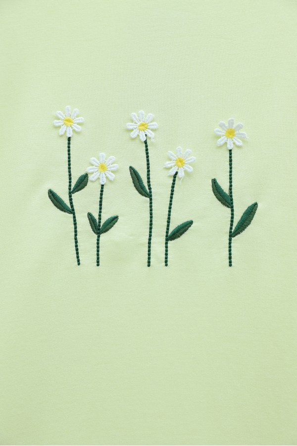 Round Neck Cotton Tunic with Daisy Embroidery -Light yellow