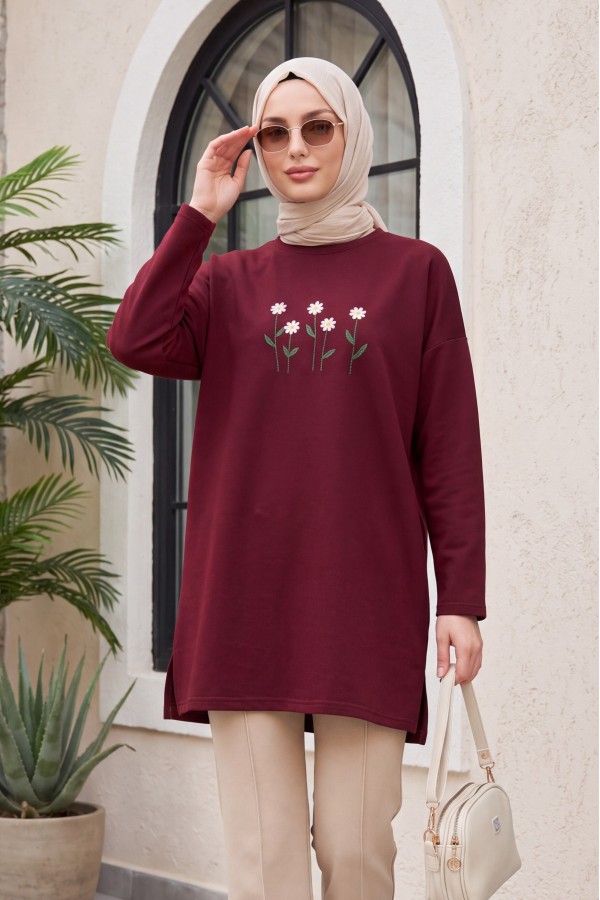 Papatya Nakışlı Yuvarlak Yaka Penye Tunik -Bordo