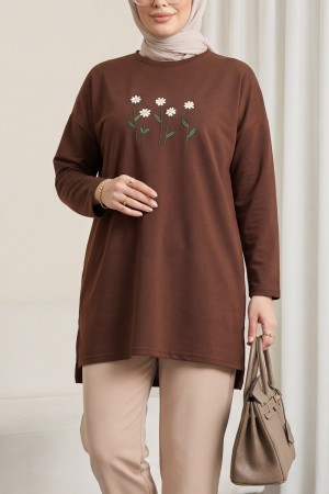 Round Neck Cotton Tunic with Daisy Embroidery -Brown