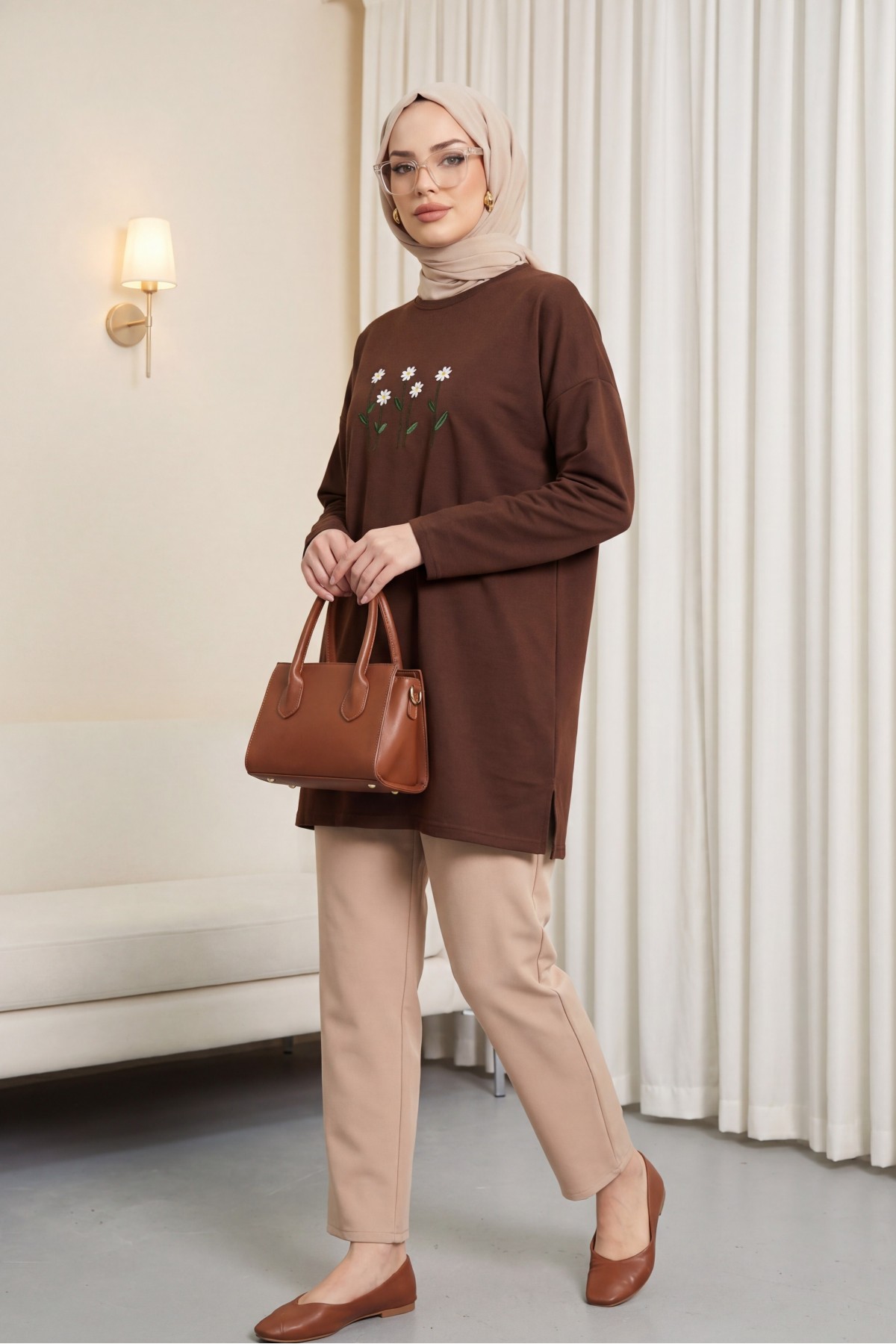 Round Neck Cotton Tunic with Daisy Embroidery -Brown