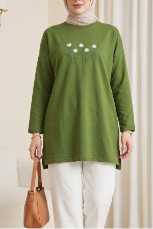 Round Neck Cotton Tunic with Daisy Embroidery -Dark green