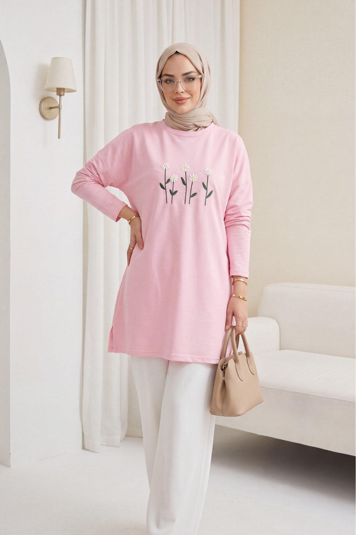 Papatya Nakışlı Yuvarlak Yaka Penye Tunik -Pembe