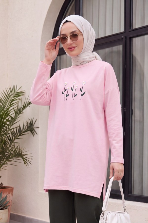 Papatya Nakışlı Yuvarlak Yaka Penye Tunik -Pembe