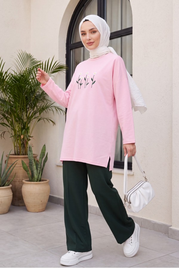 Papatya Nakışlı Yuvarlak Yaka Penye Tunik -Pembe