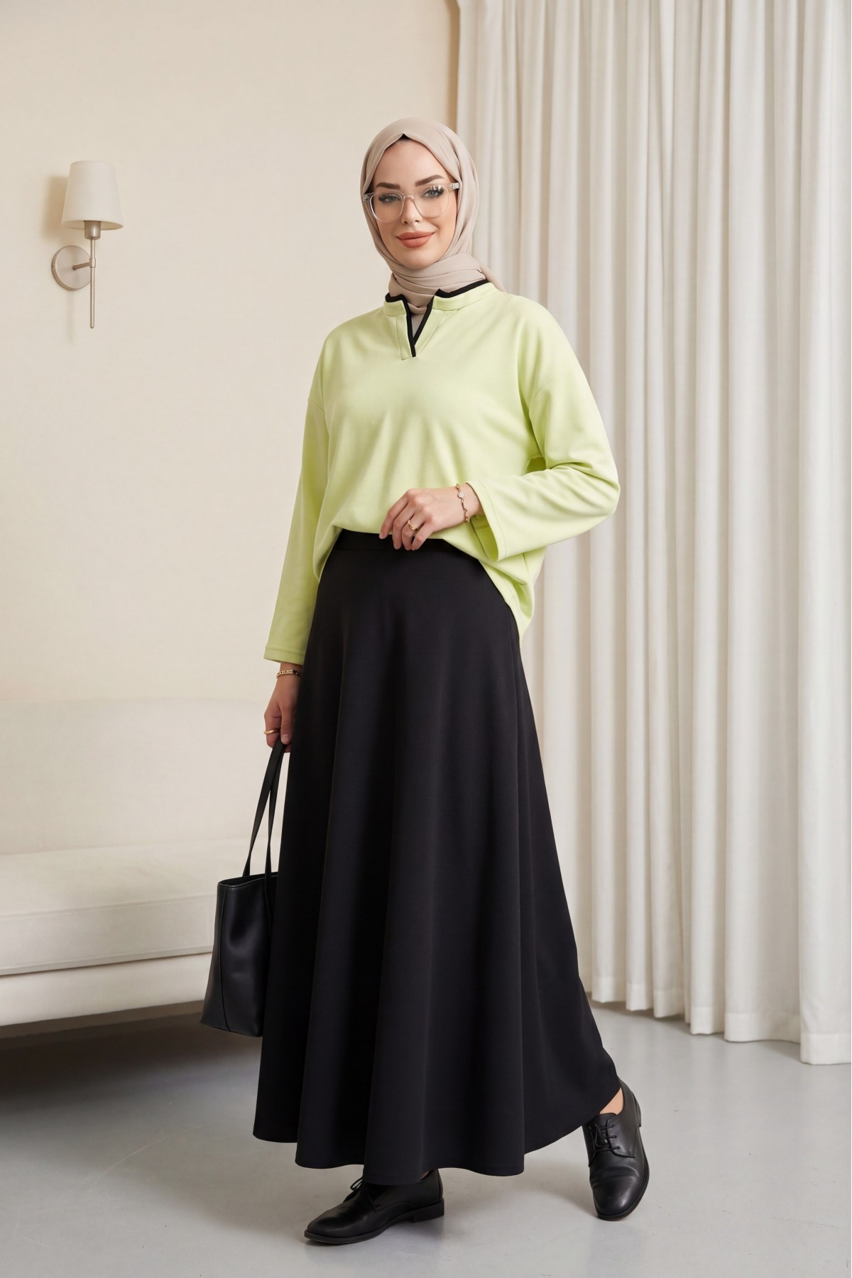 V-Neck Double Layer 2-Thread Cotton Blouse -Light yellow