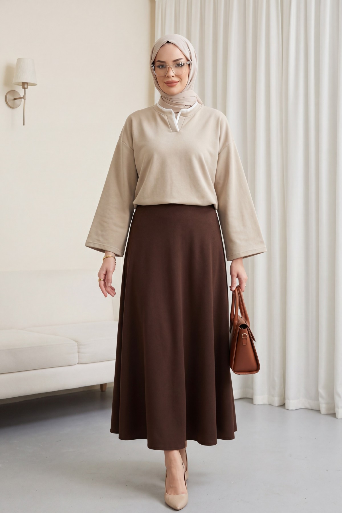 V-Neck Double Layer 2-Thread Cotton Blouse -Light Mink detay görseli