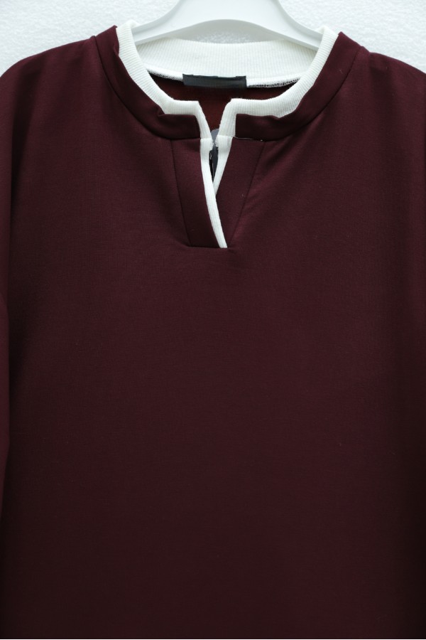 V-Neck Double Layer 2-Thread Cotton Blouse -Maroon