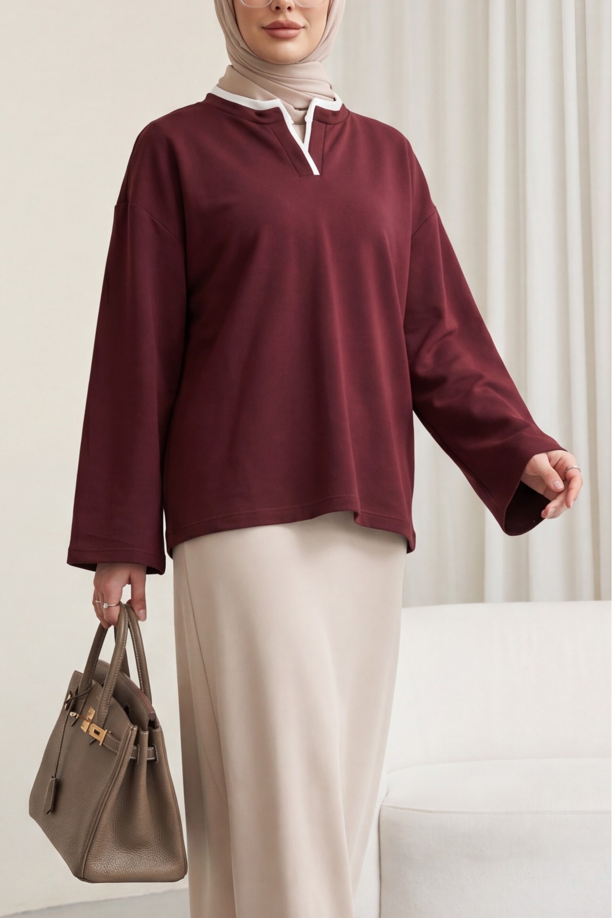 V-Neck Double Layer 2-Thread Cotton Blouse -Maroon