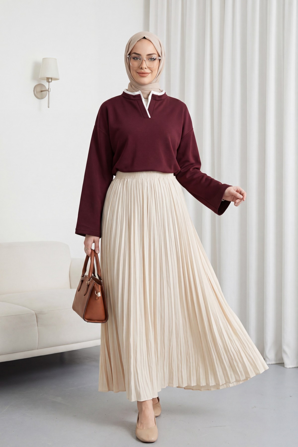V-Neck Double Layer 2-Thread Cotton Blouse -Maroon