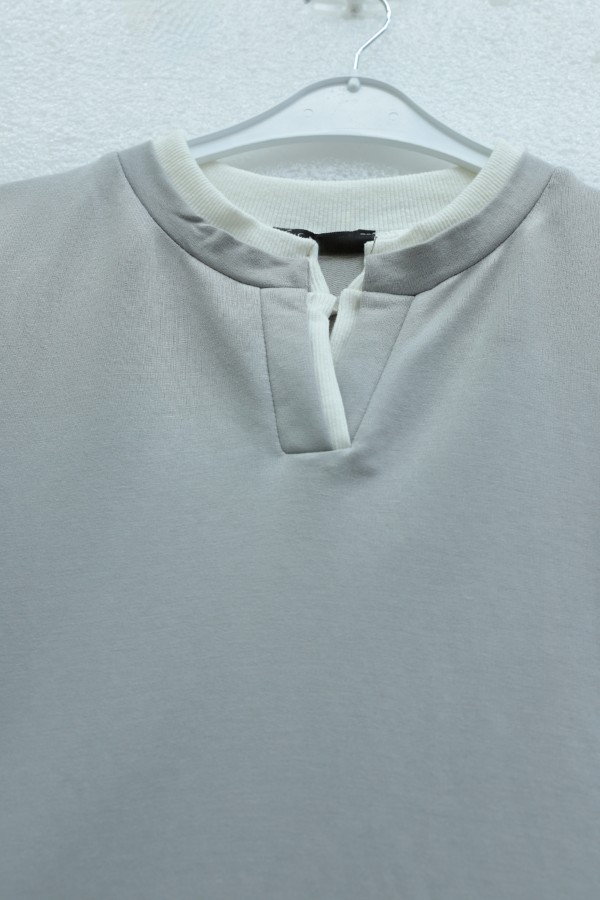 V-Neck Double Layer 2-Thread Cotton Blouse -Grey