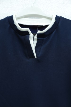 V Yakası Çift Kat 2 İplik Penye Bluz -Lacivert