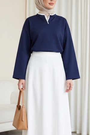 V Yakası Çift Kat 2 İplik Penye Bluz -Lacivert