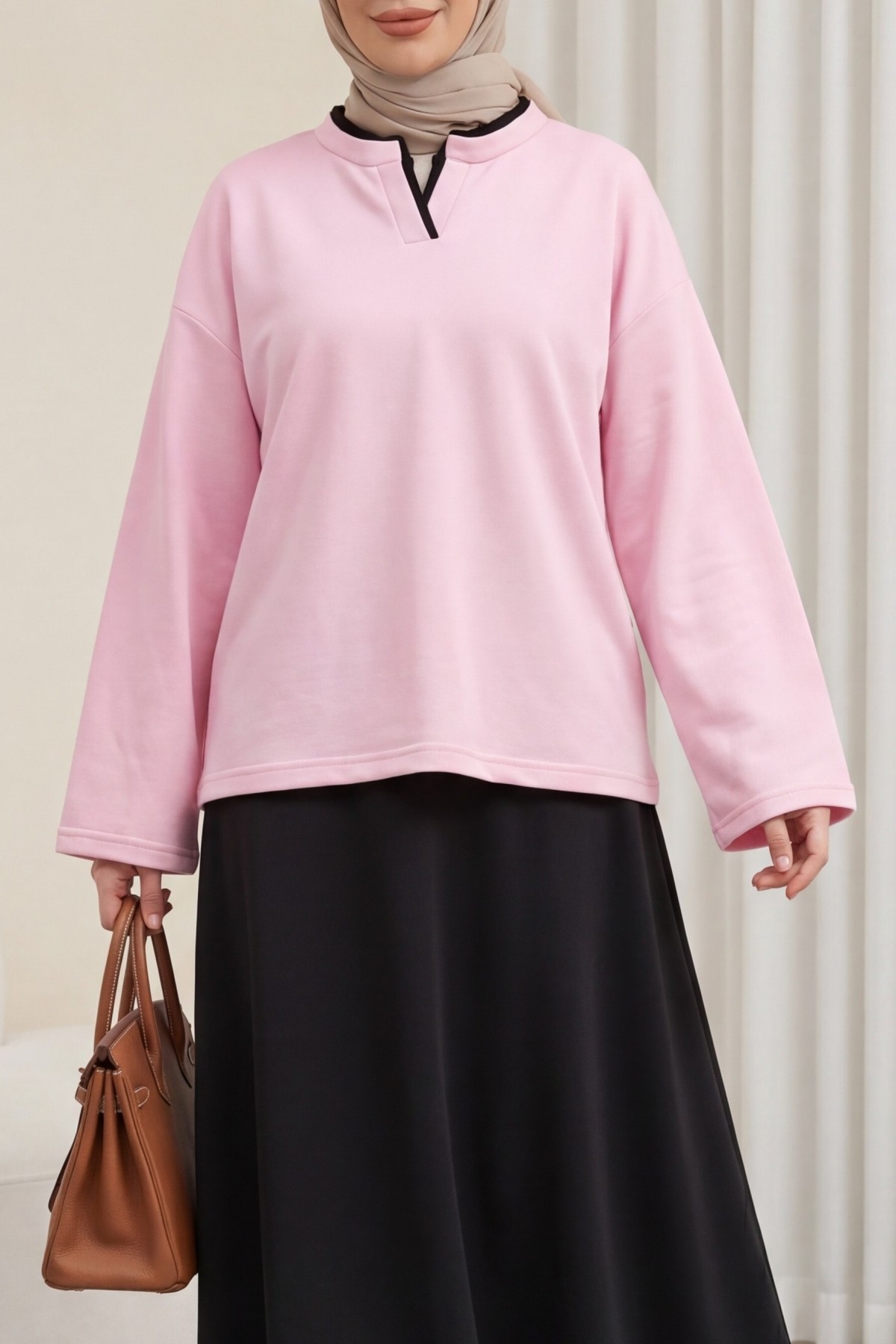 V-Neck Double Layer 2-Thread Cotton Blouse -Pink