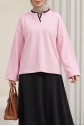 V-Neck Double Layer 2-Thread Cotton Blouse -Pink