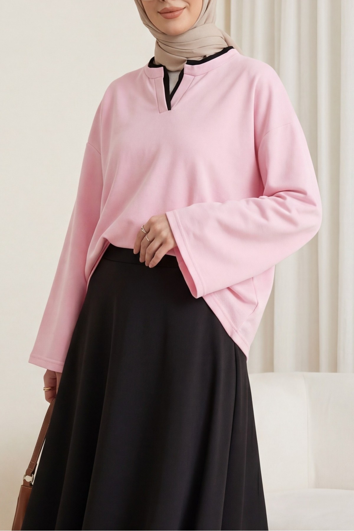 V-Neck Double Layer 2-Thread Cotton Blouse -Pink