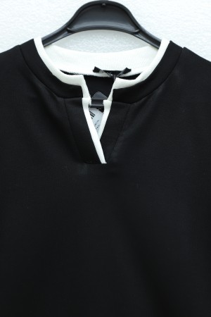 V Yakası Çift Kat 2 İplik Penye Bluz -Siyah