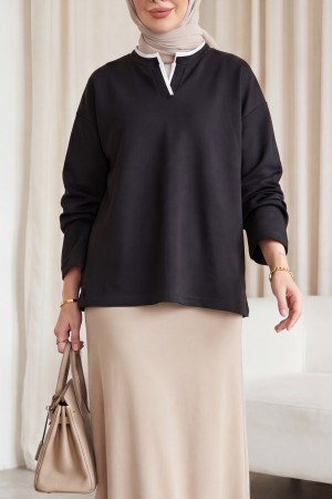 V Yakası Çift Kat 2 İplik Penye Bluz -Siyah
