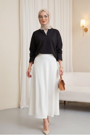 V Yakası Çift Kat 2 İplik Penye Bluz -Siyah