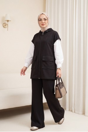 Yakası Lastik Detaylı Çift Cepli 2 İplik Penye Takım -Siyah