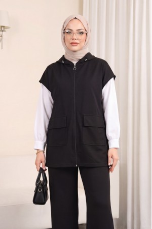 Yakası Lastik Detaylı Çift Cepli 2 İplik Penye Takım -Siyah