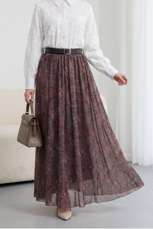 Elasticated Waist Belted Lined Patterned Tulle Skirt -Maroon
