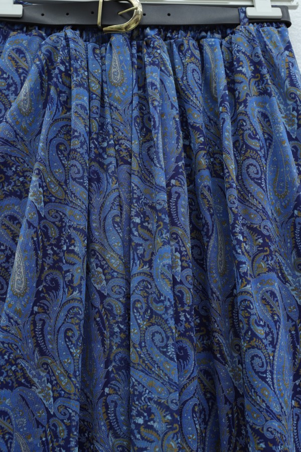 Elasticated Waist Belted Lined Patterned Tulle Skirt  -İndigo