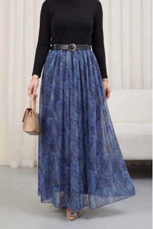 Beli Lastikli Kemerli Astarlı Desenli Tül Etek  -İndigo
