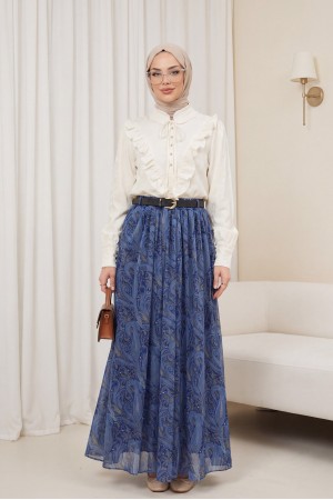 Beli Lastikli Kemerli Astarlı Desenli Tül Etek  -İndigo