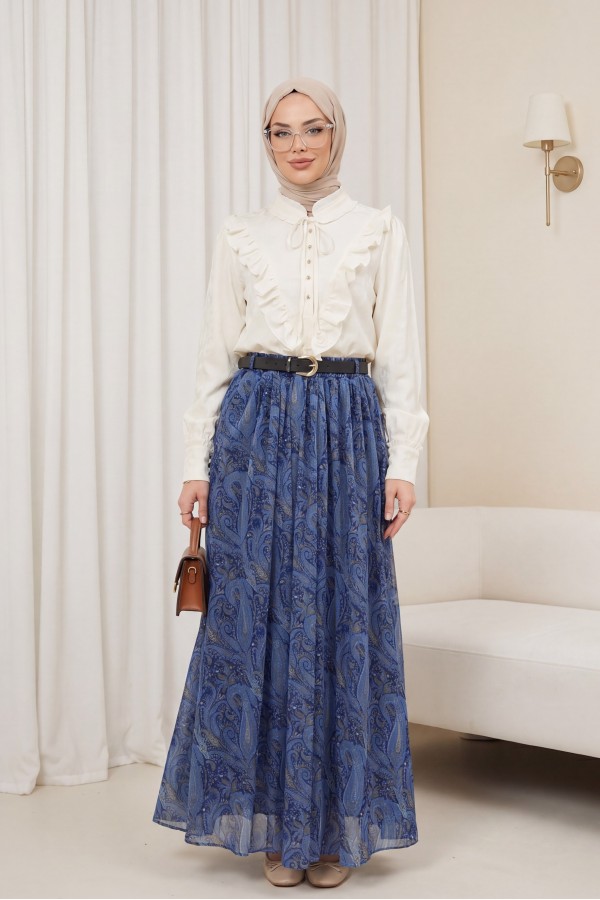 Elasticated Waist Belted Lined Patterned Tulle Skirt  -İndigo